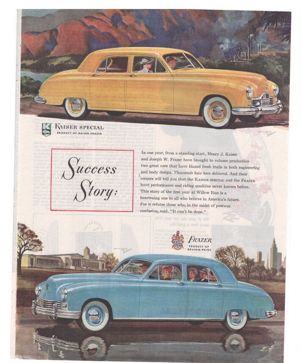 Vintage Original Kaiser Fraser Car Magazine Advertisement 1947 Color Automobilia